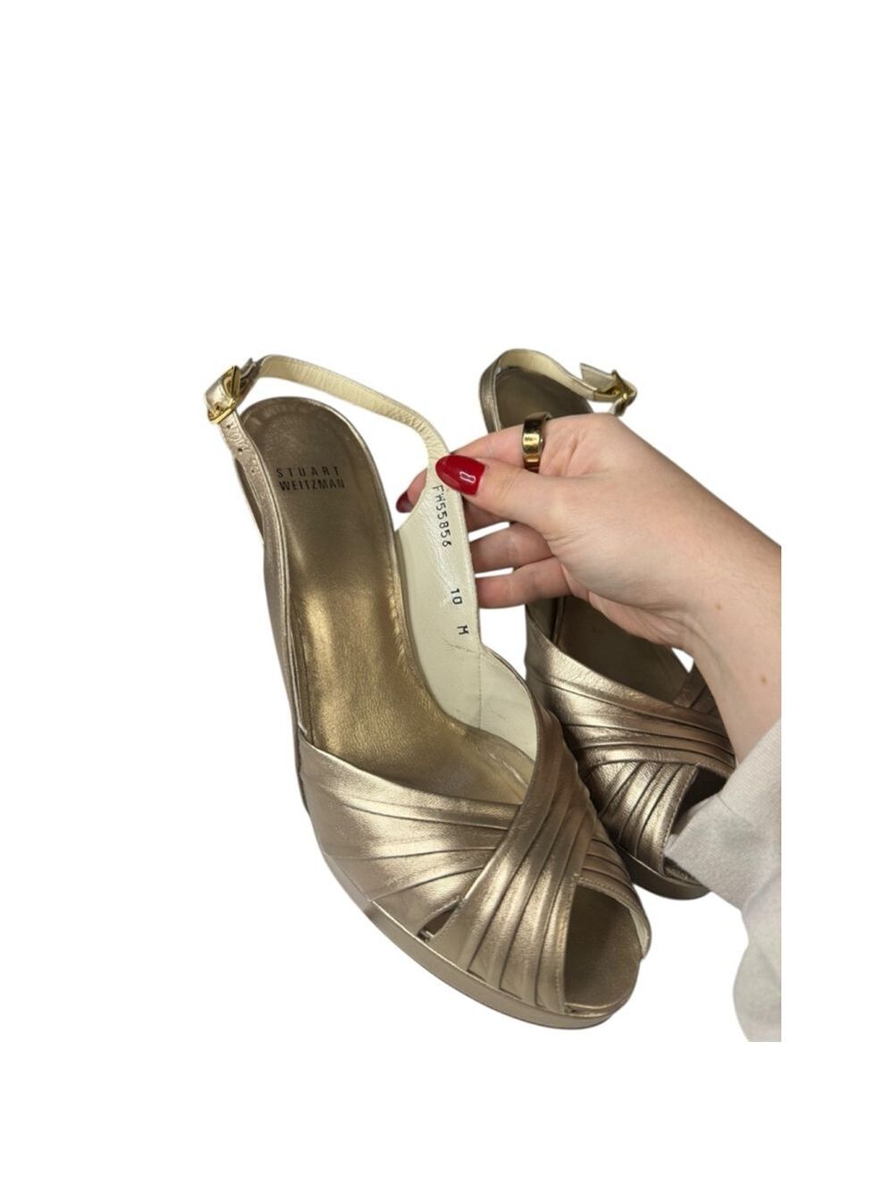 Women's Stuart Weitzman Rose/Beige Gold Slingback Peep Toe Heels Size 10 - Picture 6 of 7